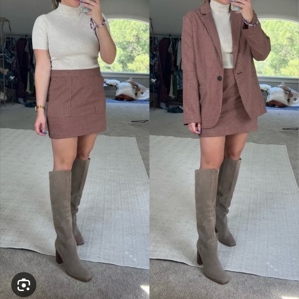 Chic Plaid Copper Blazer and Skirt Set